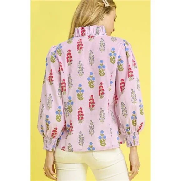 Umgee Floral Print Lantern Sleeve Button Down Shirt - Picture 3 of 4